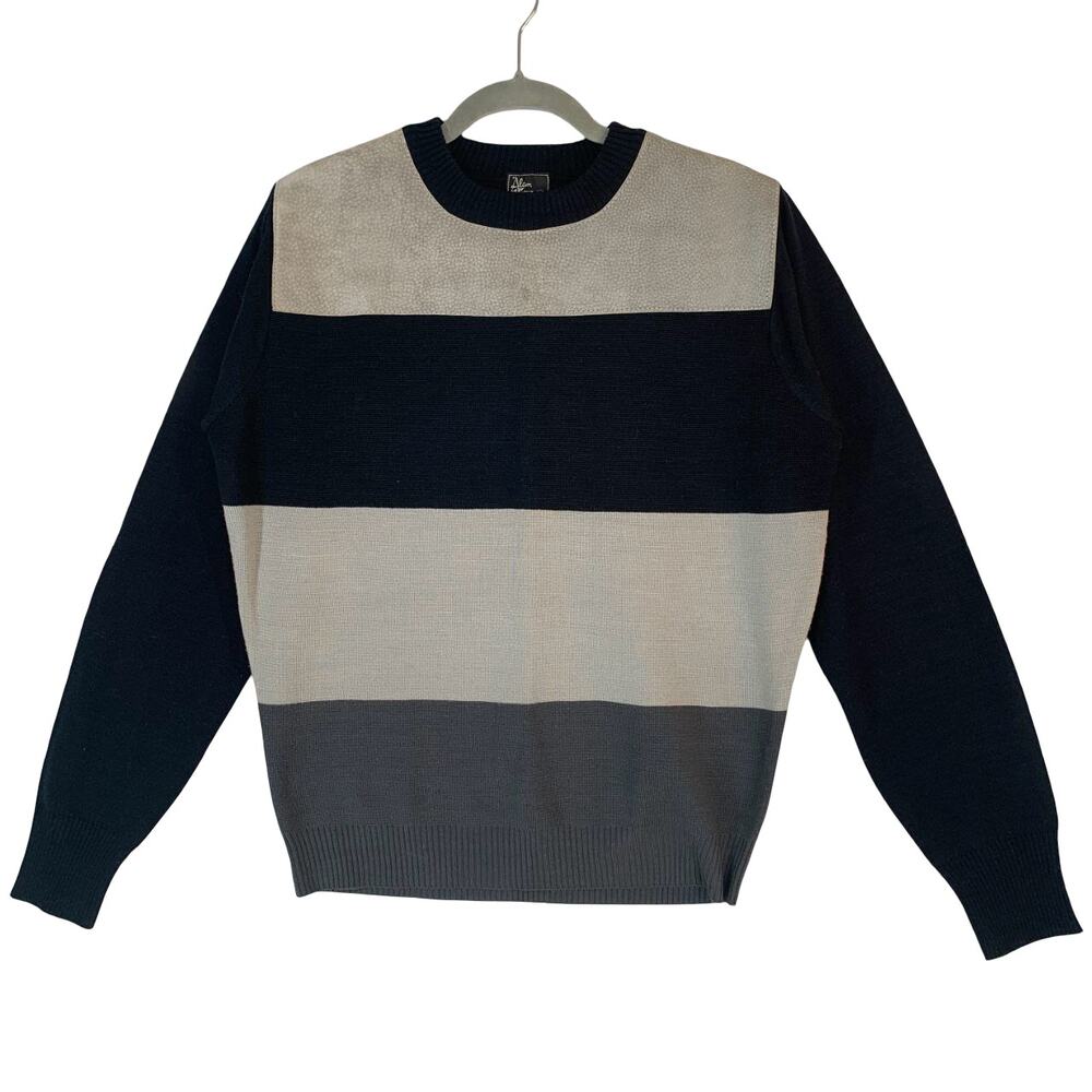 Alan Stuart Suede Sweater Men M Black Colorblock Striped Retro Vintage Knit